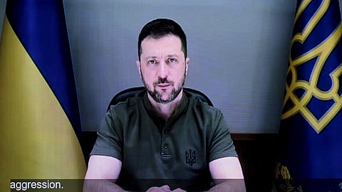 Ukraine's President Volodymyr Zelenskyy addresses online the opening of the Helsinki+50 Conference in Helsinki, Finland, Thursday, July 31, 2025
