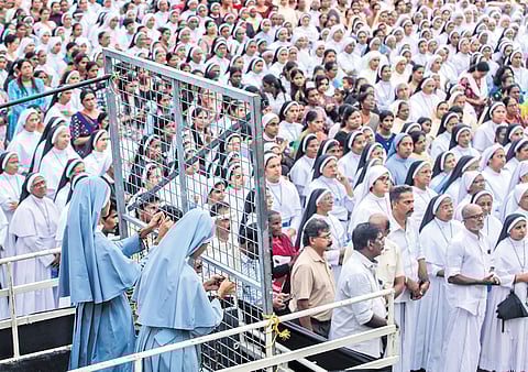 Nuns participate in the concluding session of a protest meet and prayer rally held under the leadership of the Kothamangalam Diocese in Thodupuzha on Friday. A tableau representing the nuns in jail is also seen 