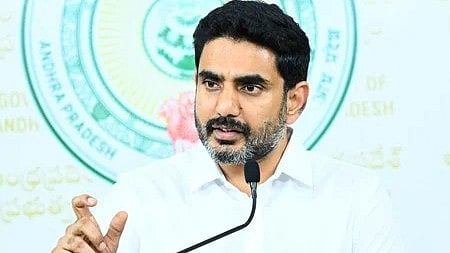 Minister for IT Nara Lokesh addressing the media on Thursday. 