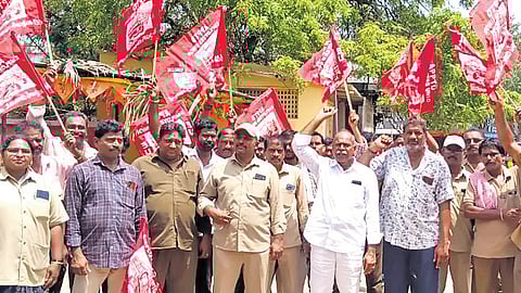 APSRTC Employees Union staging a protest in Vijayawada on Friday.