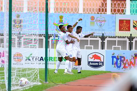 Indian Navy players celebrate a goal on Friday