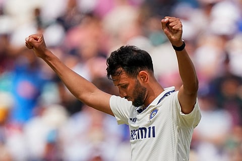 India's Prasidh Krishna celebrates the dismissal of England's Zak Crawley during the second day of the fifth cricket test match between England and India at The Kia Oval in London, Friday, Aug. 1, 2025.