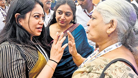 Filmmaker Anjali Menon with actor Padmapriya and editor and film curator Beena Paul at the Kerala Film Policy conclave in Thiruvananthapuram on Saturday.