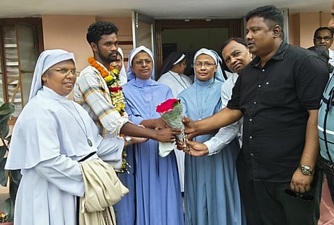 Two nuns from Kerala, arrested on charges of human trafficking and forced religious conversion, being welcomed after their release.