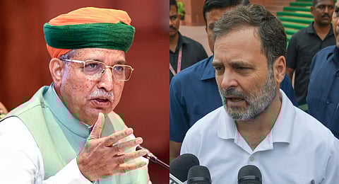 (L-R) A collage of Union Law Minister Arjun Ram Meghwal and Leader of Opposition in the Lok Sabha Rahul Gandhi.