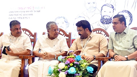 Kerala Chief Minister Pinarayi Vijayan and actor Mohanlal engage in a friendly conversation at the inauguration venue of the Kerala Film Policy Conclave - 2025, scheduled for August 2 and 3 at the R. Shankaranarayanan Thampi Members' Lounge in the Legislative Assembly complex on Saturday, August 2, 2025.  Speaker AN Shamsheer and Cultural Affairs Minister Saji Cheriyan are also seen. 