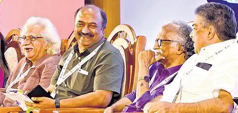 Filmmaker Adoor Gopalakrishnan, Finance Minister K N Balagopal, lyricist-director Sreekumaran Thampi and Cultural Affairs Minister Saji Cherian during the valedictory of Kerala Film Policy Conclave in Thiruvananthapuram 