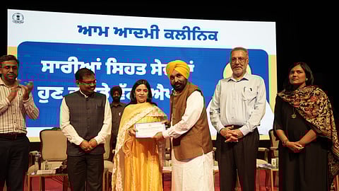  Punjab Chief Minister Bhagwant Singh Mann at the inauguration of a WhatsApp Chatbot for 881 Aam Aadmi Clinics. 