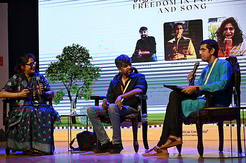(From Left) Akhila Krishnamurthy, Madhan Karky and Sikkil Gurucharan during one of the sessions