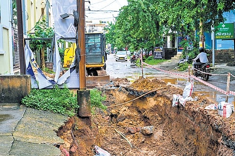 A stormwater drain under construction on road no 1 at 
Jagannath Nagar in Bhubaneswar
