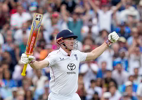 England's Harry Brook celebrates his century during the fourth day of the fifth Test match between India and England, at The Oval cricket ground, in London, England, Sunday, Aug. 3, 2025.
