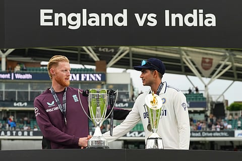 England's captain Ben Stokes, left, and India's captain Shubman Gill after end of the fifth cricket test match