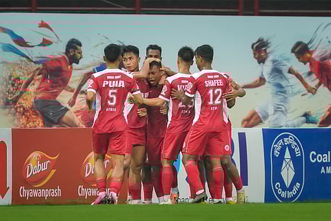 Indian Army celebrate their lone goal against Tribhuvan Army FC on Tuesday