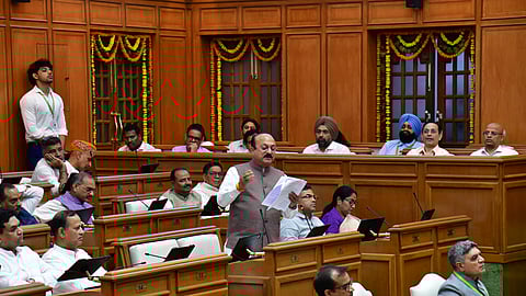 Education Minister Ashish Sood presenting the “Delhi School Education (Fee Regulation and Transparency) Bill, 2025” in the Delhi Legislative Assembly on Tuesday.