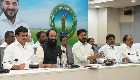 Chief Minister A Revanth Reddy along with his cabinet ministers addressing the media at Secretariat on Monday.