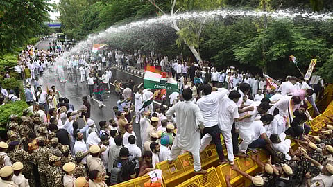 Massive demonstration by Congress in Delhi to protest against the wanton demolition by the BJP Government of over 3000 JJ clusters which has displaced 15,000 families, in New Delhi on Monday.