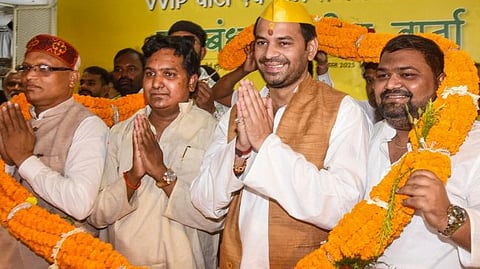 Former RJD leader Tej Pratap Yadav during a press conference after announcement of an alliance with Vikas Vanchit Insaan Party (VVIP) for the upcoming Bihar Assembly polls, in Patna, Tuesday, Aug. 5, 2025.