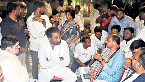 TPCC chief B Mahesh Kumar Goud discusses plans for the dharna to be staged near Jantar Mantar with fellow Congress leaders in Delhi on Tuesday.