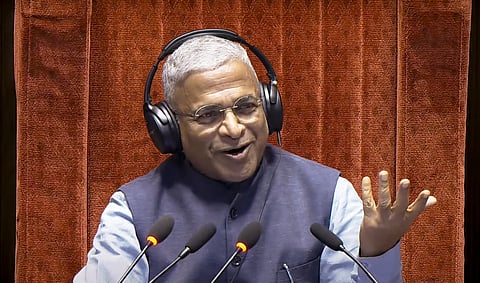 Rajya Sabha Deputy Chairman Harivansh Narayan Singh conducts proceedings in the House during the Monsoon session of Parliament, in New Delhi, Tuesday, Aug. 5, 2025.