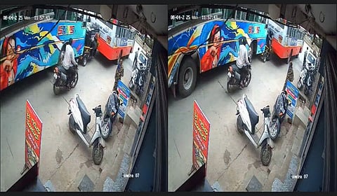 The CCTV visuals which were available on Tuesday showed that the private bus hit the autorickshaw in the rear resulting in the accident. 