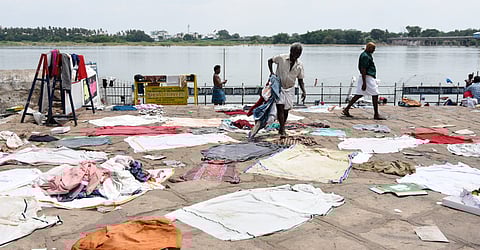 Clothes left behind by people at Amma Mandapam in Srirangam after Aadi Perukku.