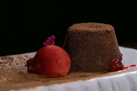 Molten Chocolate Cake with Strawberry Sorbet and Coffee Gelée, 