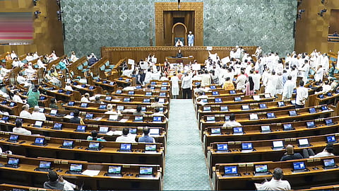 Opposition MPs protest in the Lok Sabha during the Monsoon session of Parliament, in New Delhi, Wednesday, Aug. 6, 2025.