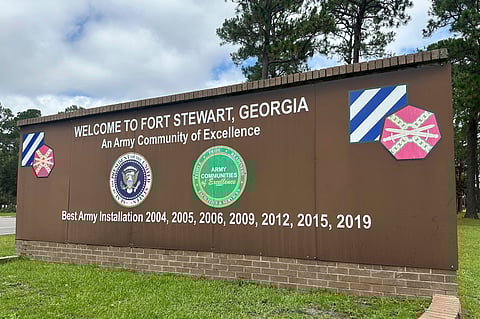 A sign outside the main gate of Fort Stewart, Georgia, is shown on Wednesday, Aug. 6, 2025. 