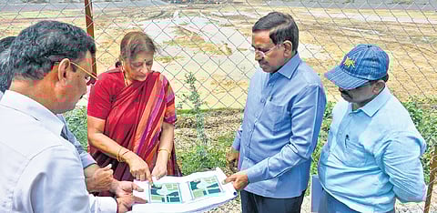 Municipal Administration and Urban Development Minister P Narayana inspects works of Sakhamuru Reservoir in Amaravati on Tuesday