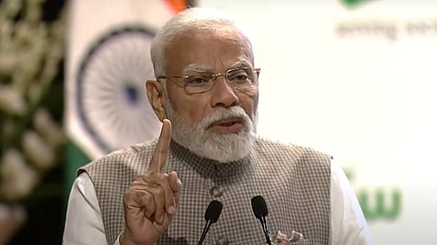 Prime Minister Narendra Modi speaks during the M.S. Swaminathan Centenary International Conference, in New Delhi, 