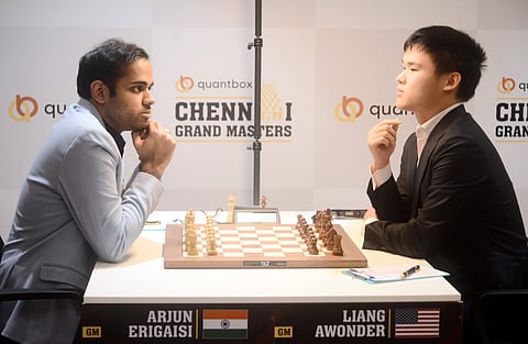 US' Awonder Liang (R) in action against India's Arjun Erigaisi on Thursday