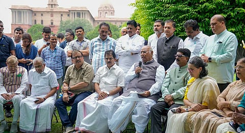 Leader of Opposition in the Rajya Sabha Mallikarjun Kharge, Congress MP KC Venugopal, DMK MP Tiruchi N Siva, TMC MP Sagarika Ghose and others during a press conference by INDIA bloc leaders, in New Delhi, Wednesday, Aug. 6, 2025. 