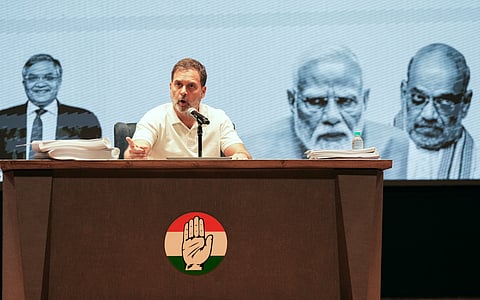 LoP in the Lok Sabha and Congress MP Rahul Gandhi addresses a press conference, at AICC HQ, in New Delhi, Thursday, Aug. 7, 2025.