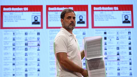 Congress leader Rahul Gandhi addresses a press conference at AICC HQ in New Delhi on August 07, 2025.