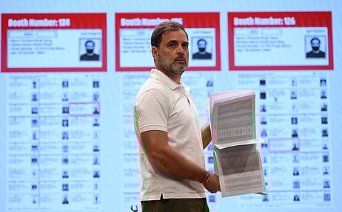 Congress leader Rahul Gandhi addresses a press conference at AICC HQ in New Delhi on Wednesday, Nov 5, 2025.