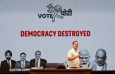 LoP in the Lok Sabha and Congress MP Rahul Gandhi addresses a press conference, at AICC HQ, in New Delhi, Thursday, Aug. 7, 2025.