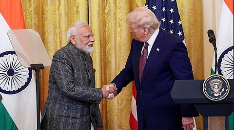 In this photo from Feb. 14, 2025, Prime Minister Narendra Modi and US President Donald Trump shake hands as they deliver a joint press statement after their meeting at the White House, in Washington, DC.