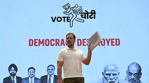 Congress leader Rahul Gandhi addresses a press conference at AICC HQ in New Delhi on August 07, 2025.