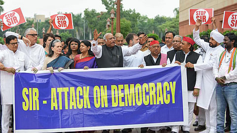 Congress Parliamentary Party Chairperson and MP, Sonia Gandhi, Congress President and Rajya Sabha LoP, Mallikarjun Kharge, Lok Sabha LoP Rahul Gandhi, Samajwadi Party MP Akhilesh Yadav, Ram Gopal Yadav, DMK MP Kanimozhi Karunanidhi, TMC MP Derek O'Brian along with other INDIA bloc MPs protest against Special Intensive Revision (SIR) of electoral rolls in Bihar, during the Monsoon Session of Parliament