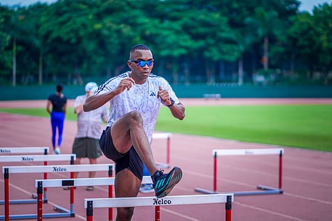 Local star and national record holder Animesh Kujur training on Saturday 