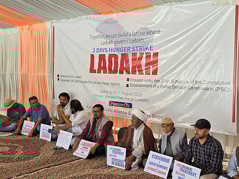 Representatives of KDA and LAB go on hunger strike at Hussani Park in Ladakh on Saturday, Aug. 9, 2025.