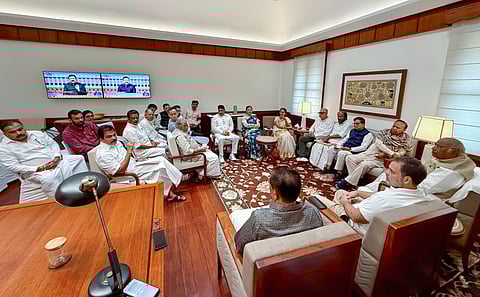 INDIA bloc floor leaders meet at Parliament House in New Delhi.