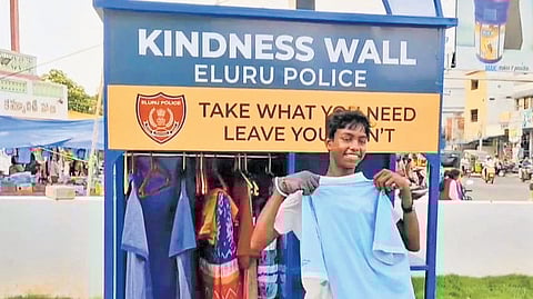The Kindness Wall is located at the police-operated fuel station in Ammeenapeta.