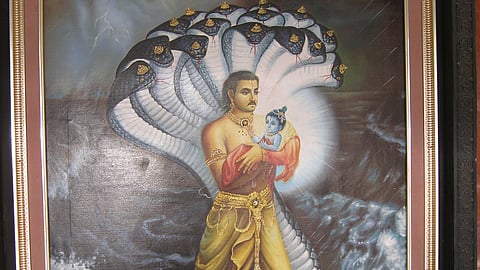 Prince Vasudev carrying Krishna through the strong currents of Yamuna