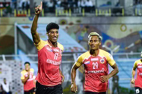 East Bengal players celebrate against Indian Air Force on Friday