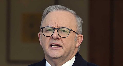 Australian Prime Minister Anthony Albanese announces that Australia will recognize a Palestinian state at a press conference in Canberra, Monday, Aug. 11, 2025. 