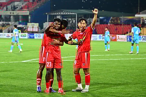 Northeast United players celebrate a goal on Monday