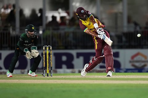 West Indies' Roston Chase bats before being caught out off the bowling of Pakistan's Saim Ayub during the second Twenty20 cricket match Saturday, Aug. 2, 2025, in Lauderhill, Fla.