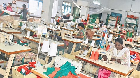 Just a handful of women work at the flag manufacturing centre in Bengeri 