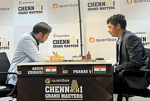 Arjun Erigaisi and Pranav V at the Chennai Grandmasters chess on Monday
